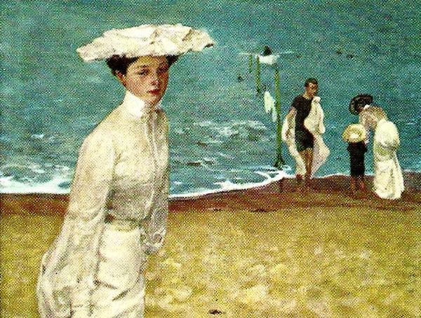 woman in white on a beach, unknow artist
